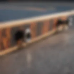 Close-up view of skateboard deck materials