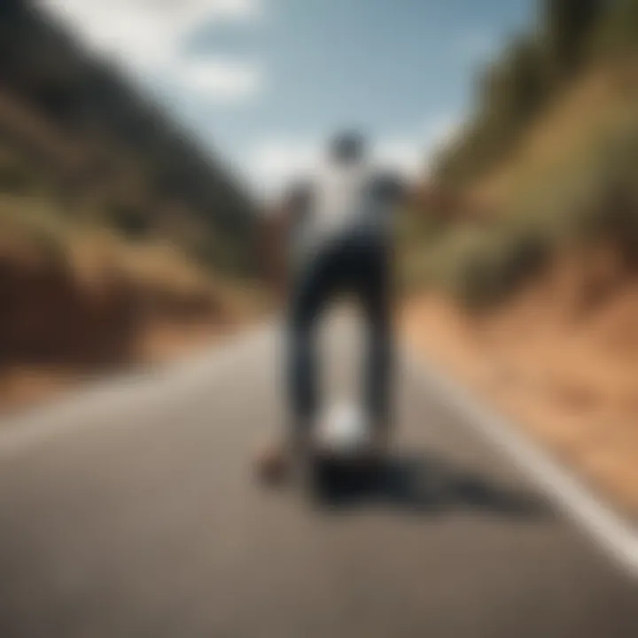 Rider maneuvering on a scenic downhill path, highlighting the thrill of longboarding.