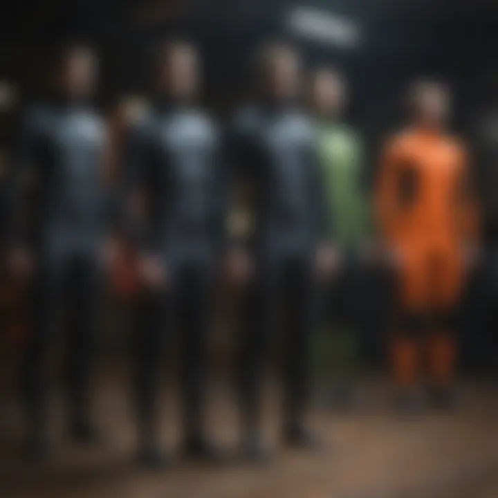 Different brands of wetsuits displayed for comparison