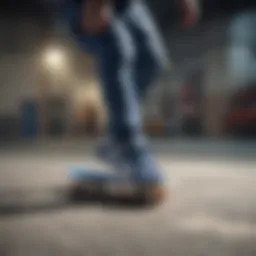 Dynamic action shot of a skateboarder wearing adidas blue stripe shoes
