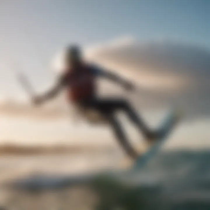 A kiteboarder executing advanced techniques on calm waters