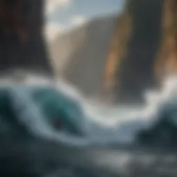 A breathtaking view of a towering cliff overlooking a turbulent ocean, symbolizing the thrill and danger of extreme sports.