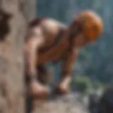 A climber poised on a rocky ledge, illustrating mental focus in extreme sports