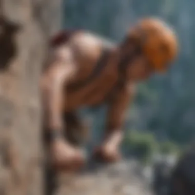 A climber poised on a rocky ledge, illustrating mental focus in extreme sports