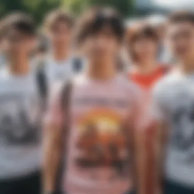 Group of enthusiasts wearing anime print shirts at an outdoor festival, celebrating fandom