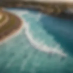 An aerial view of a vibrant wave pool showcasing surfers riding artificial waves