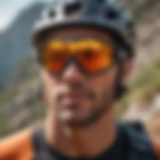 Athletic sunglasses in action during a mountain biking event