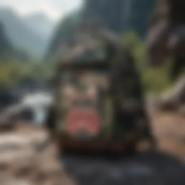 BAPE Backpack with Extreme Sports Gear Trendy BAPE backpack alongside extreme sports gear