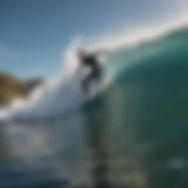 Thrilling Surfing Experience An exhilarating moment of a surfer riding a battery surfboard over a wave.