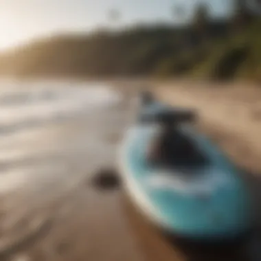 A serene beach scene with multiple electric surfboards on the shore