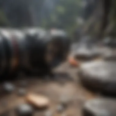 Climbing gear laid out on a rocky terrain