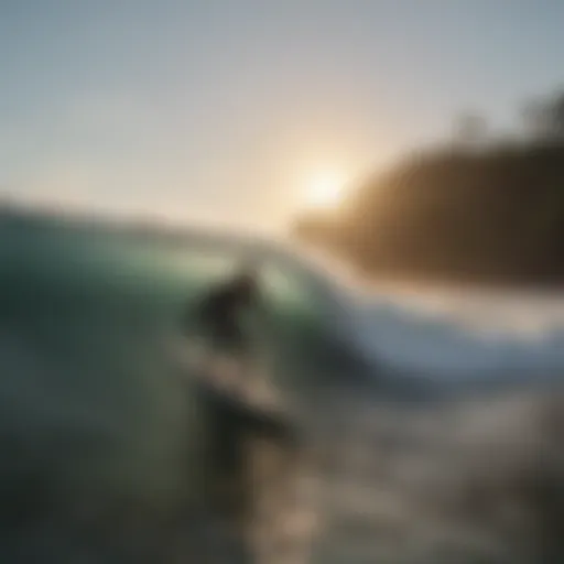 A surfer riding a wave at sunrise in Costa Rica