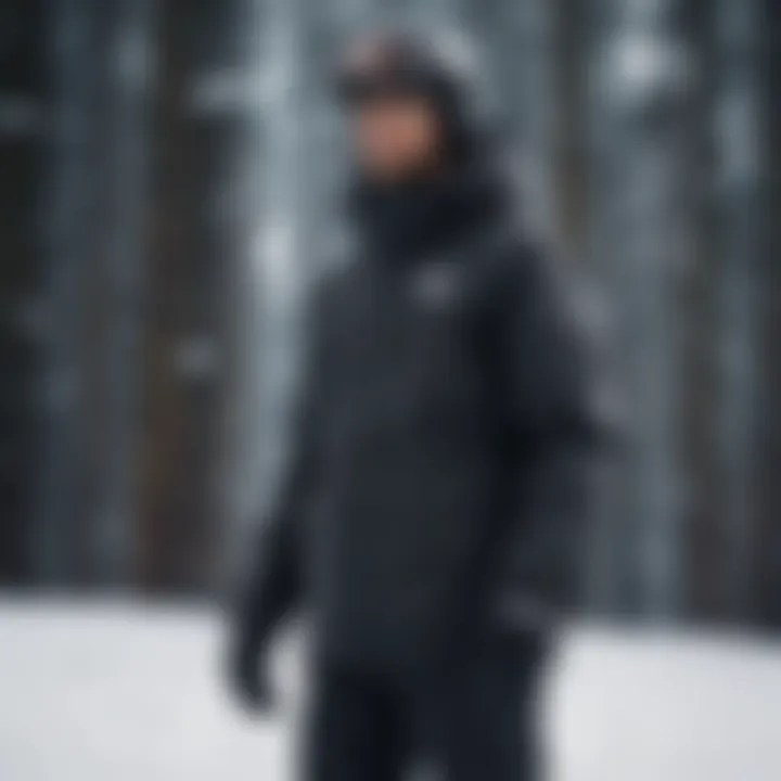 Stylish black snowboard jacket in an outdoor winter setting