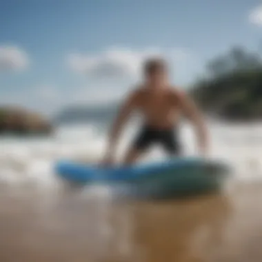 A vibrant beach scene illustrating the thrill of boogie boarding with an inflatable board in action