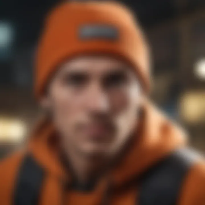 A dynamic setting depicting an extreme sports athlete wearing the Brixton orange beanie while performing a trick.