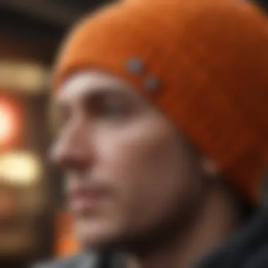 A striking close-up of the Brixton orange beanie showcasing its texture and stitching details.