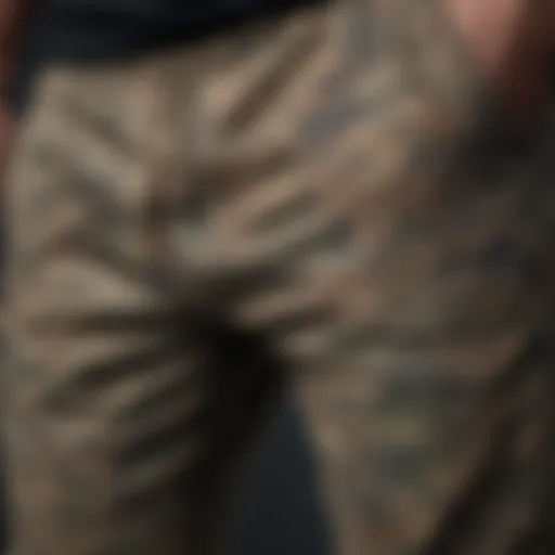 A close-up view of camo sweatpants joggers showcasing intricate fabric textures and patterns.