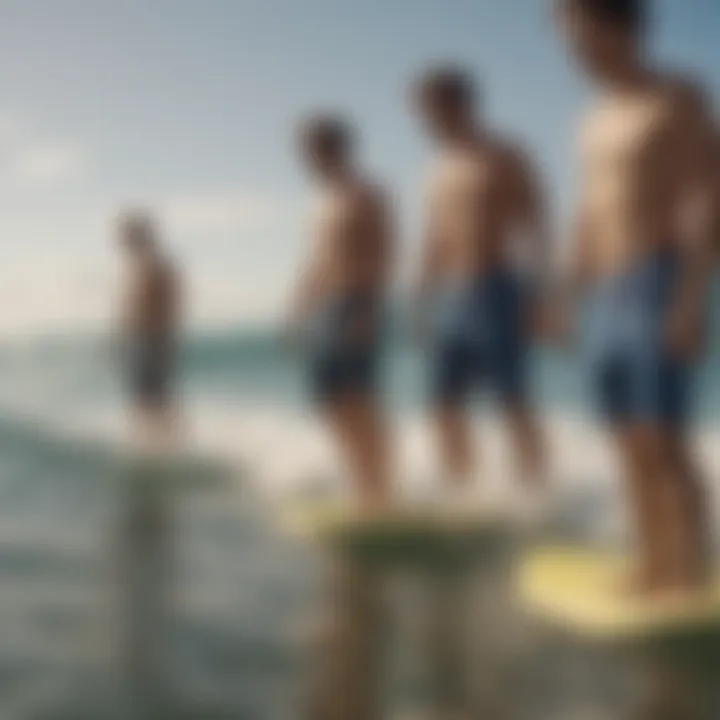 Group of surfers enjoying the ocean wearing board shorts