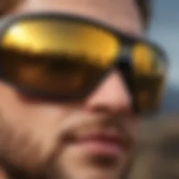 A close-up of shield sunglasses highlighting UV protection features