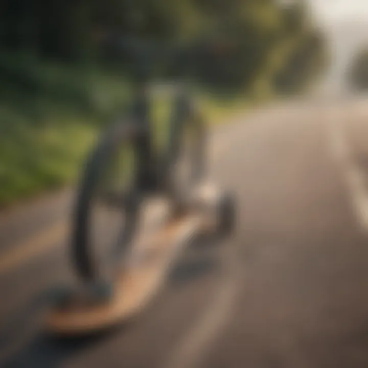 Longboard secured to a bicycle rack, showcasing usability during a surf trip