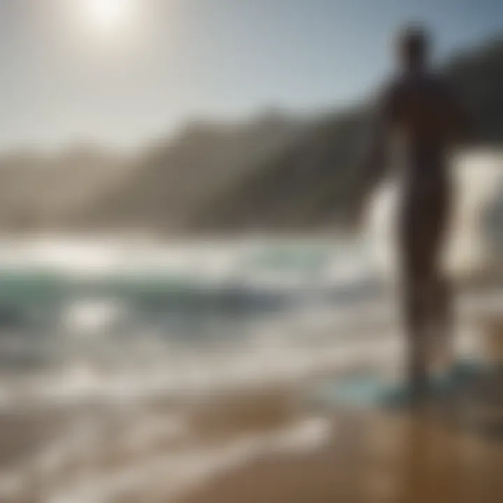 A surfer measuring their height against a surfboard to find the right fit.