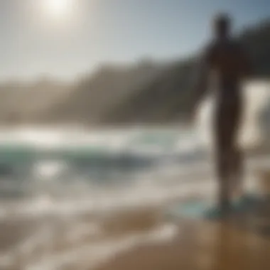 Finding the Perfect Fit A surfer measuring their height against a surfboard to find the right fit.