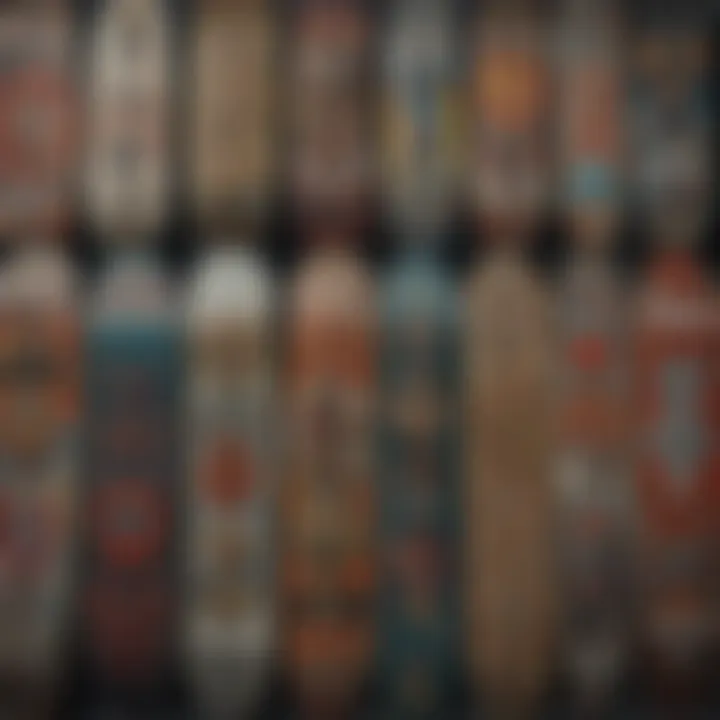 A close-up view of various skateboard decks showcasing unique branding elements