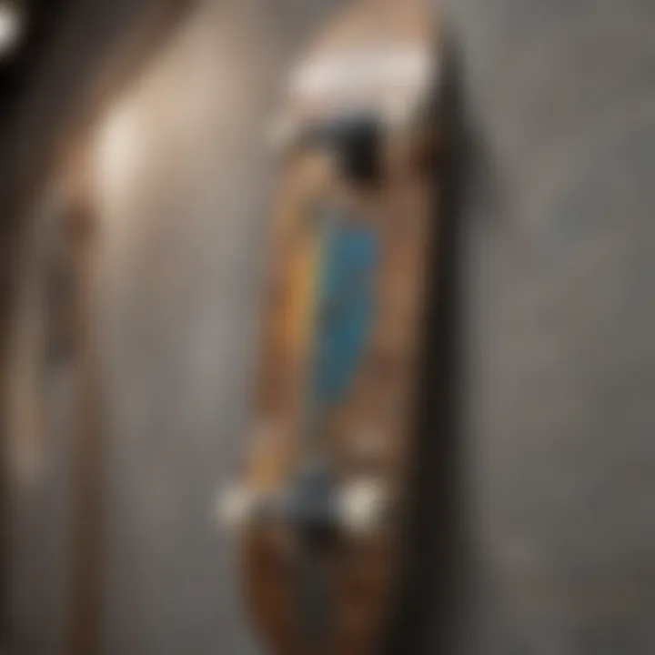 Close-up of a wall-mounted skateboard deck, emphasizing the craftsmanship and artwork involved in its design