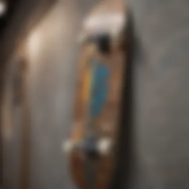 Artistry in Skateboard Design Close-up of a wall-mounted skateboard deck, emphasizing the craftsmanship and artwork involved in its design