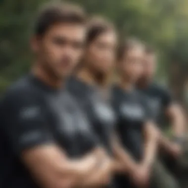 Group of adventure enthusiasts wearing black camo t-shirts