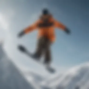 An impressive snowboarding trick captured mid-air in a snowy terrain.