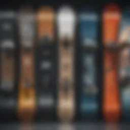 A diverse selection of snowboards displayed in a retail outlet