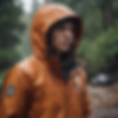 Athlete wearing a Volcom rain jacket in a rugged outdoor environment