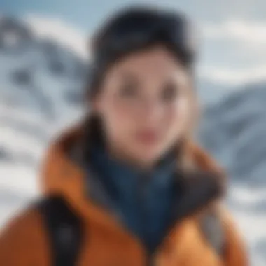 A scenic snowy landscape with a model demonstrating the functionality of a snow jacket.