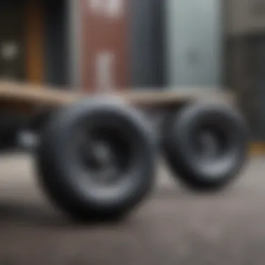 Close-up of skateboard wheels and trucks