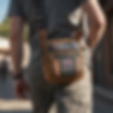 Dickies shoulder bag in action during extreme sports Dickies shoulder bag displayed in an outdoor extreme sports setting