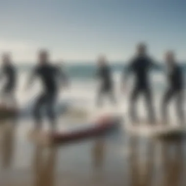 Group Training Techniques with Surf Boards Group of surfers engaged in a dynamic training session using surf exercise boards