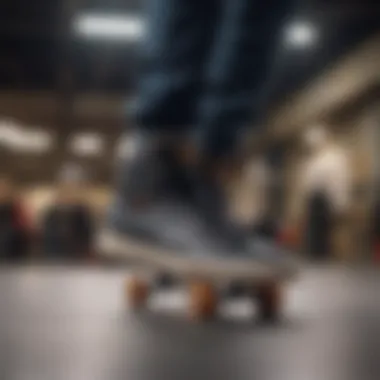 Elijah Berle showcasing his signature skate shoes during a performance.