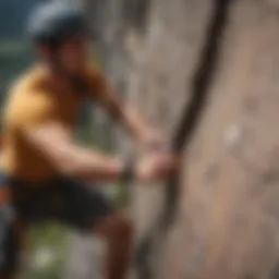 A climber focused on scaling a steep rock face, showcasing concentration and determination.