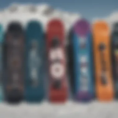 Various snowboards lined up, highlighting different styles and designs