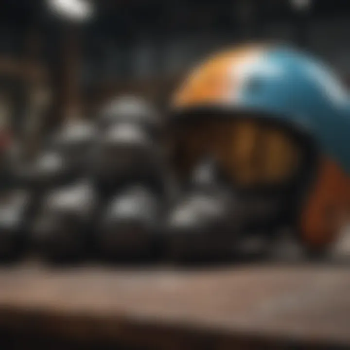 Close-up of protective gear including helmets, knee pads, and elbow pads