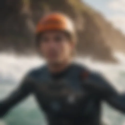 A surfer with safety gear enjoying the waves