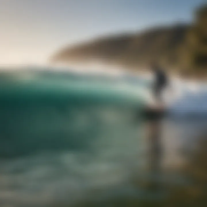 A vibrant beach scene with surfers enjoying the waves on soft top surfboards