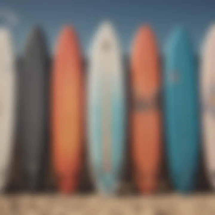An array of soft top surfboards lined up, highlighting different colors and designs