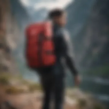 Athlete showcasing a black and red bookbag during an extreme sport activity