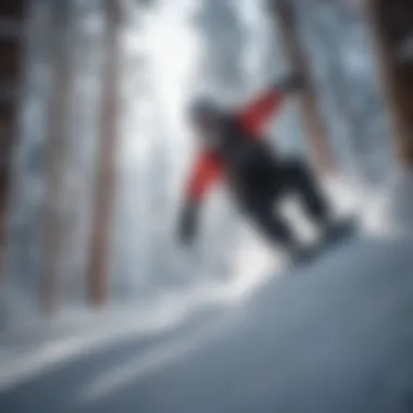 Adventure Awaits: Snowboarding through Trees A snowboarder navigating through a snowy forest, highlighting the thrill and challenges of extreme sports in natural settings.