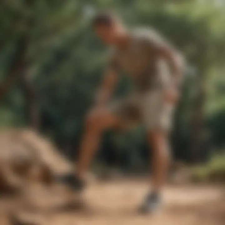 An athlete wearing baggy khaki shorts engaged in outdoor activity