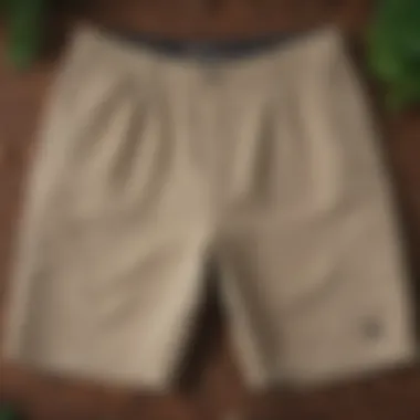 A pair of baggy khaki shorts displayed outdoors