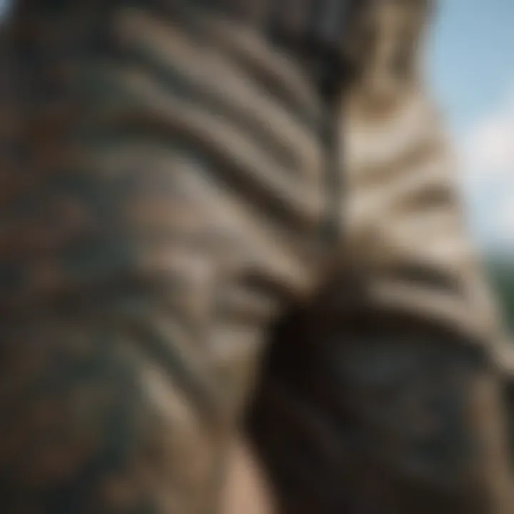 Close-up of fabric texture and patterns of camo cargo pants