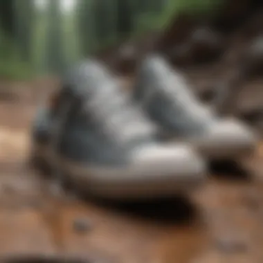 Side view of Chuck Taylor slip resistant shoes on a rugged terrain